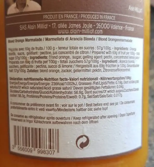 Marmelade orange blonde nutrition facts table
