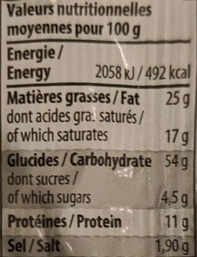 Petit Sablés Cantal AOP et Piment d'Espelette nutrition facts table