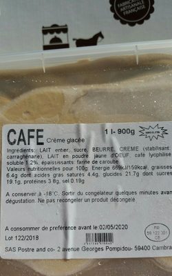 Cafe créme glacée ingredients label