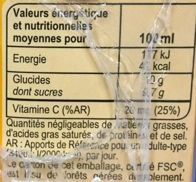 Orange sans pulpe nutrition facts table