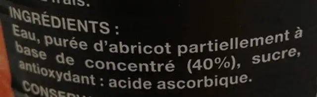 Nectar abricot ingredients label