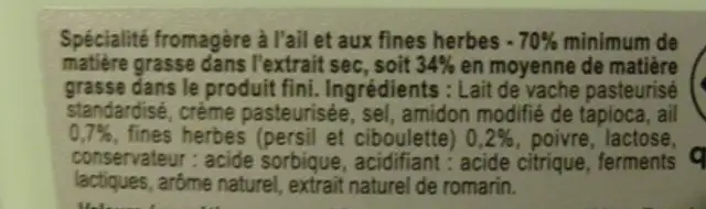Salade & Apéritif ingredients label