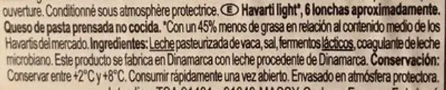 Queso havarti en lonchas light ingredients label