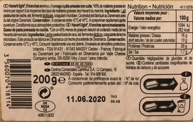 Queso havarti en lonchas light nutrition facts table