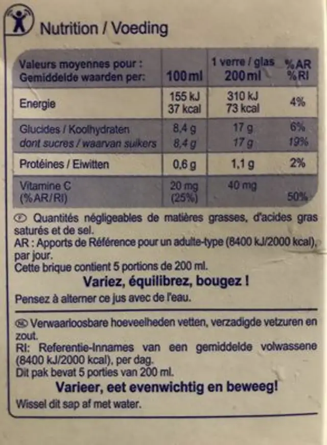 Pur jus d'orange ingredients label