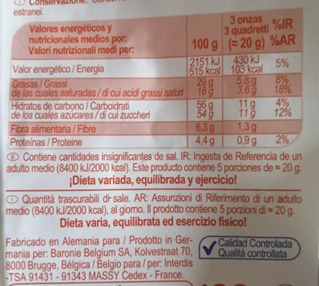 Chocolate puro para fundir nutrition facts table