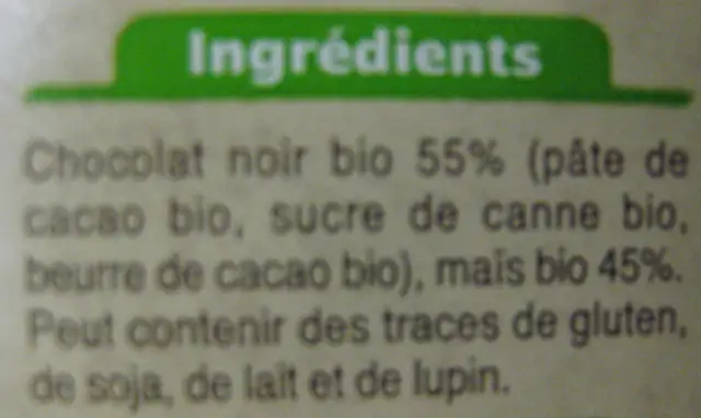 Carrefour Bio Corn Wafers With Dark Chocolate ingredients label