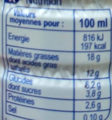 Crème légère semi-épaisse nutrition facts table