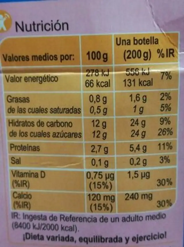 Yaourt à boire Saveur Fraise nutrition facts table