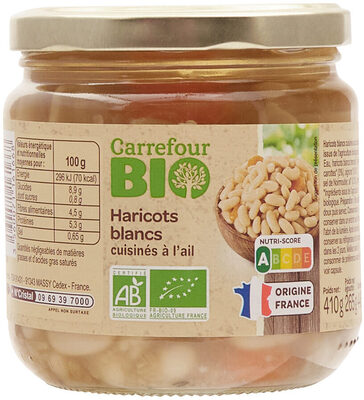 Haricots blancs cuisinés à l'ail. front packaging
