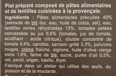 Pâtes Pépinettes, Lentilles à la provençale ingredients label