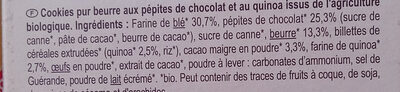 Cookies pépites de chocolat et quinoa ingredients label