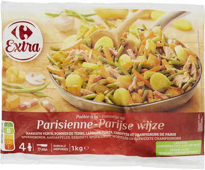 Poêlée A la Parisienne Haricots verts, pommes de terre, lardons fumés, carottes et champignons de Paris