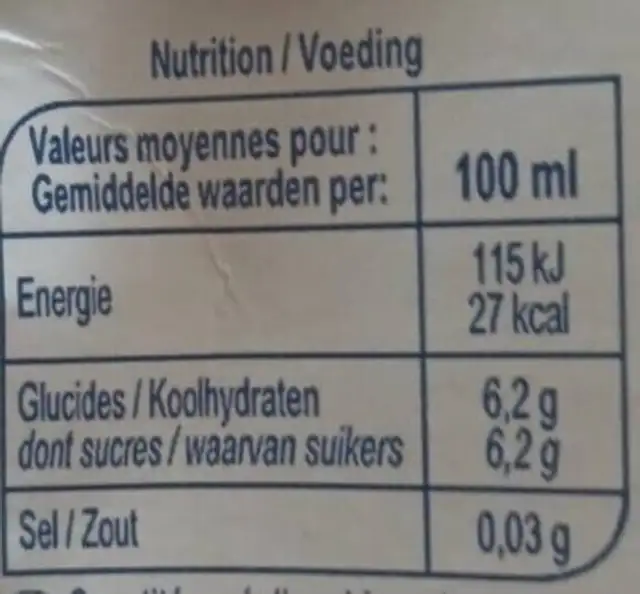 Boisson SAVEUR ORANGE nutrition facts table