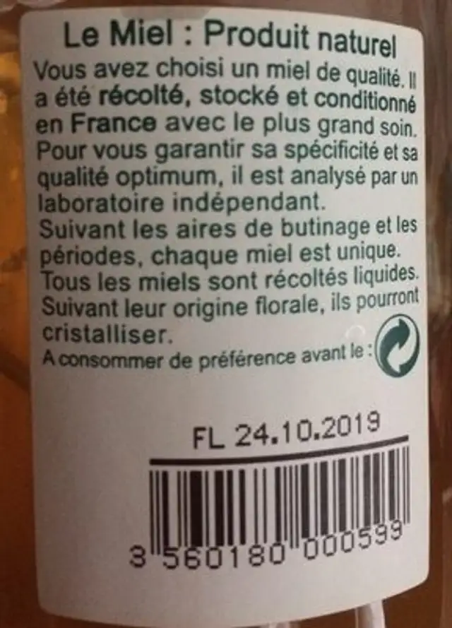 Miel fleurs ingredients label