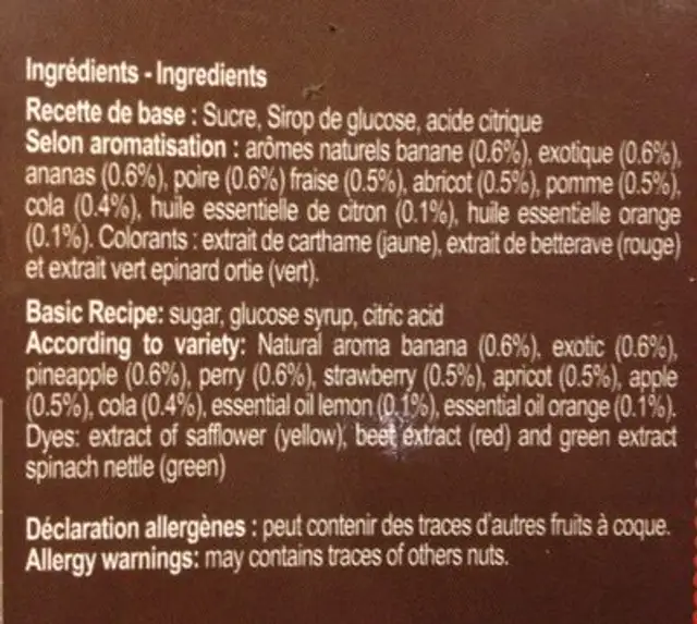 French Fruit Lollipops ingredients label