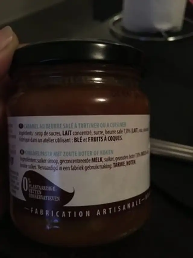 Pâte à tartiner de Caramel au Beurre salé Sans huile végétale. ingredients label