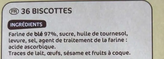 Biscottes x 36 ingredients label