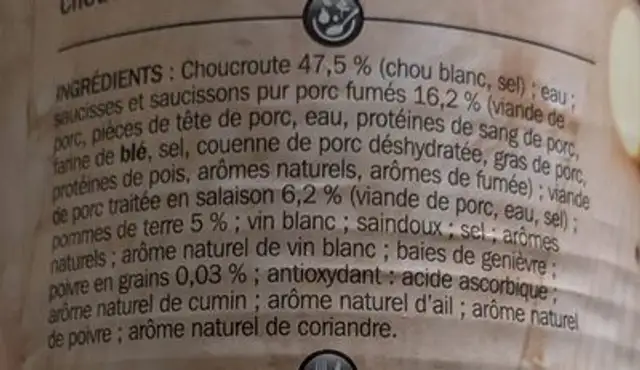Choucroute garnie ingredients label