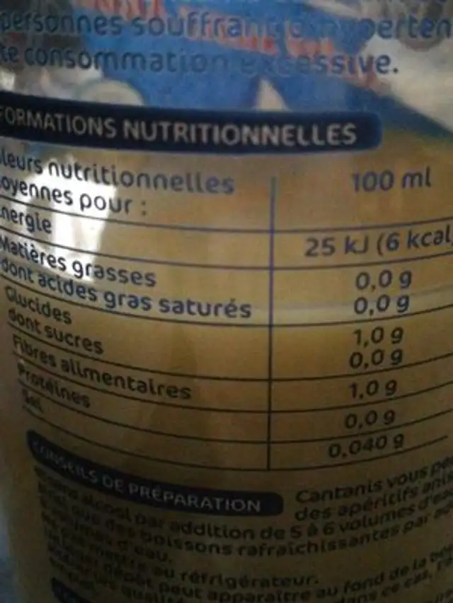 Anise Sans Alcool - 100 cl nutrition facts table