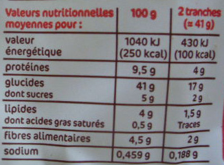 Pain de mie Complet tranché Tendre & Moelleux (24 tranches) nutrition facts table