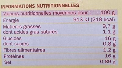 Bâtonnets de Poulet nutrition facts table
