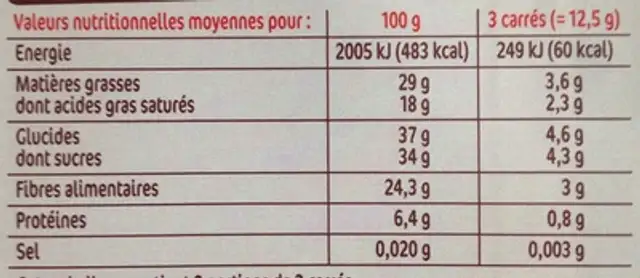 Tablette d'Or - Chocolat Noir nutrition facts table