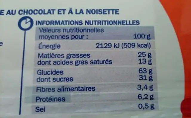 Tartelette chocolat lait noisettes nutrition facts table
