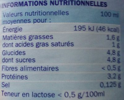 Lait demi-écrémé réduit en lactose bouteille nutrition facts table