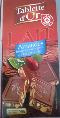 Chocolat au lait aux amandes brisées caramélisées et pointe de sel front packaging