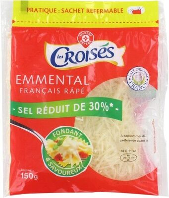 Emmental français rapé -30% de sel réduit front packaging