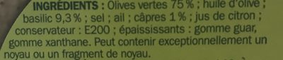 Olivade verte à tartiner ingredients label