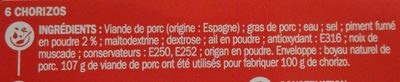 Chorizo ingredients label