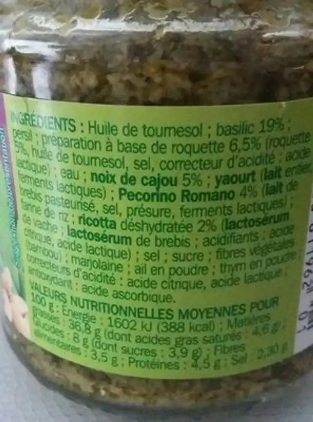 Sauce pesto ingredients label