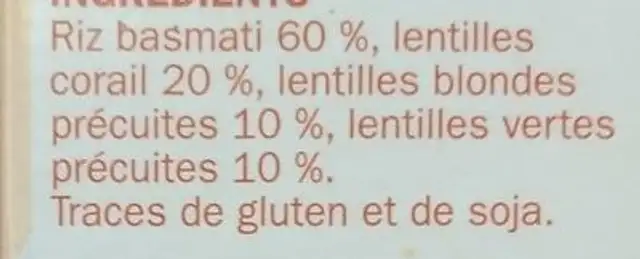 Mélange riz basmati et 3 lentilles ingredients label
