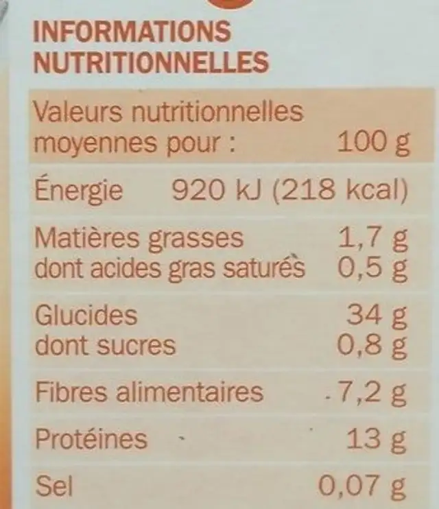 Mélange riz basmati et 3 lentilles nutrition facts table