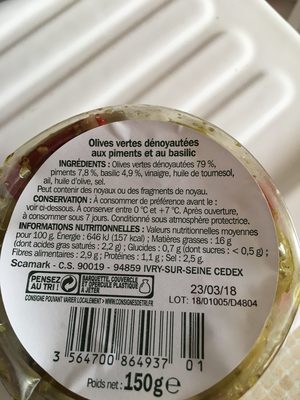 Olives à l'orientale dénoyautées ingredients label