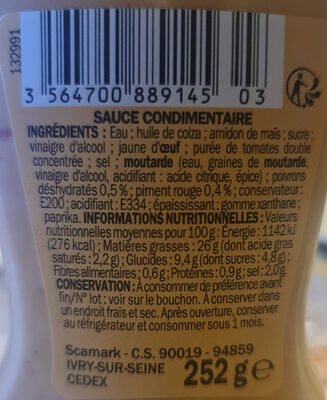 Sauce samouraï ingredients label