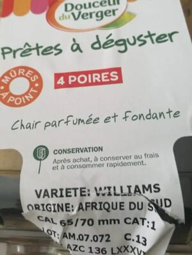Poires ingredients label