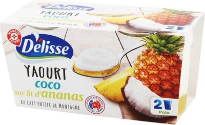 Yaourts gourmands au lait entier coco sur lit d'ananas front packaging