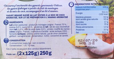 Yaourts gourmands au lait entier coco sur lit d'ananas nutrition facts table