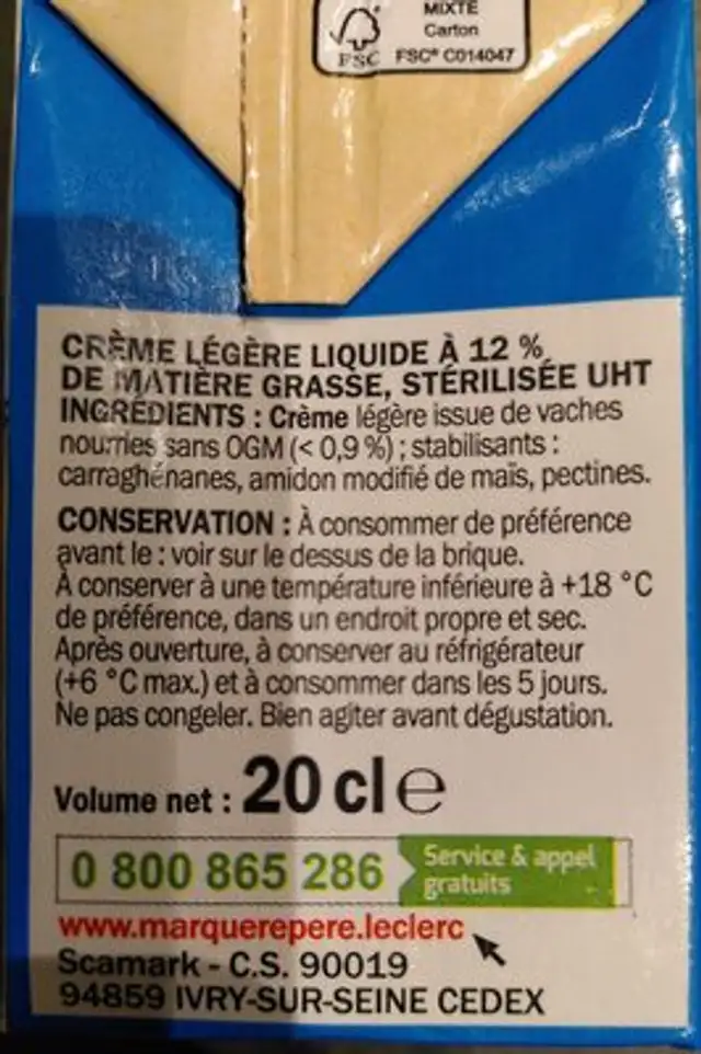 Crème légère liquide 12% ingredients label
