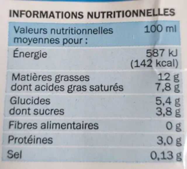 Crème légère liquide 12% nutrition facts table