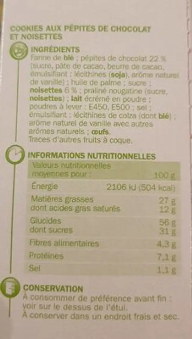 Le Cookie Ptit Déli Pépites De Chocolat Et Éclats De Noisette nutrition facts table