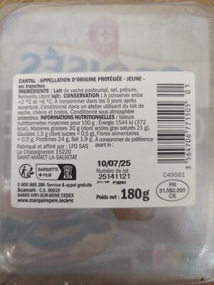 Cantal ingredients label