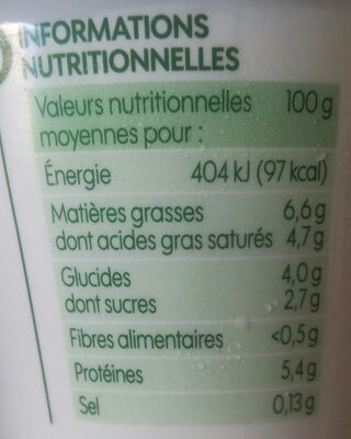 Yaourt au lait entier de brebis Nature 2 x 125 g nutrition facts table