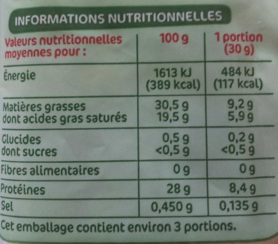Emmental rapé bio 29% Mat. Gr. nutrition facts table