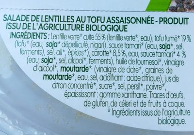 Lentilles tofu ingredients label