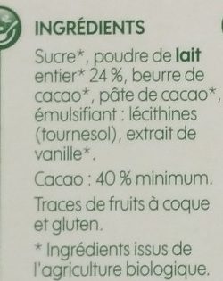 Chocolat au lait dégustation 40% de cacao ingredients label