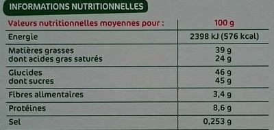 Chocolat au lait dégustation 40% de cacao nutrition facts table
